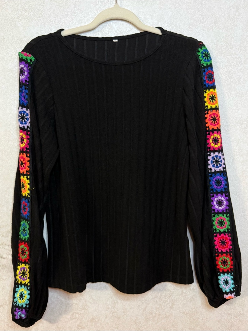 Black Long-Sleeve Top with Colorful Crochet Sleeve Panels